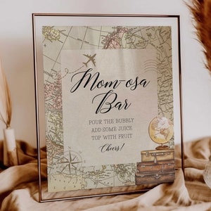 Cartello bar mom-osa // baby shower da viaggio, bagaglio, valigia, mappa, cartello baby shower stampabile