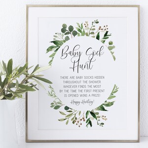 ベビーソックスハントゲームサイン // ユーカリのベビーシャワー、緑、緑の花、ボヘミアンボヘミアン、印刷可能なベビーシャワーサイン
