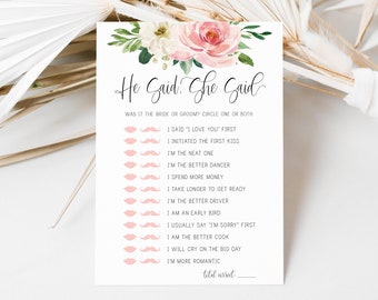 he said she said game // blush pink floral, bridal shower game, wedding shower, printable baby shower game