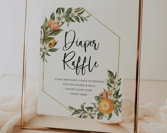 drukowany znak losowania pieluszek // cytrusowy baby shower, cytrusowy, pomarańczowy, słodki, znak baby shower, neutralny pod względem płci, drukowany znak na wieczór panieński