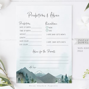 prédictions et carte de conseil // montagnes, arbres boisés, aventure attend, aquarelle, forêt rustique, jeu imprimable de douche de bébé
