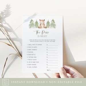 de prijs is recht spelkaart // bos baby shower, beer, jongen, bosbomen, afdrukbare baby shower spel