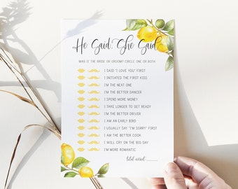 he said she said, guess who said it game // lemon bridal shower, lemons, citrus, lemon theme, printable bridal shower sign, wedding shower