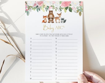 baby abc's game // woodland baby shower, woodland animals, floral, blush pink, gold, baby girl, printable baby shower game