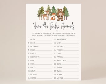 name the baby animals game // woodland baby shower, woodland animals, gender neutral, baby boy, trees forest, printable baby shower game