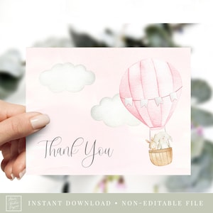 cartão de agradecimento plano para impressão // tema balão de ar quente, para cima e para longe, aventura o aguarda, menina, rosa blush, cartão de agradecimento para chá de bebê