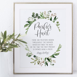 おしゃぶり探しゲーム サイン // ユーカリのベビーシャワー、緑、緑の花、ボヘミアン ボヘミアン、印刷可能なベビーシャワー サイン