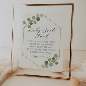ベビーソックスハントゲームサイン // ユーカリゴールドベビーシャワー、水彩画の緑、ジェンダーニュートラル、緑の花柄、ボヘミアン、ベビーシャワーサイン