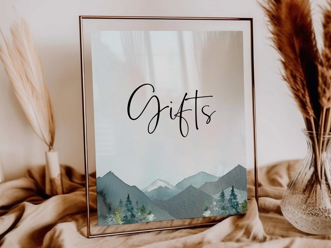 Gifts Sign // Mountains, Woodland Trees, Adventure Awaits, Watercolor ...