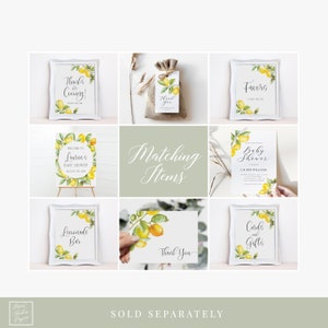 May include: A set of printable baby shower decorations featuring a watercolor lemon theme. The set includes a welcome sign, a thank you sign, a favor sign, a baby shower invitation, a lemonade bar sign, a thank you card, and a cards and gifts sign.