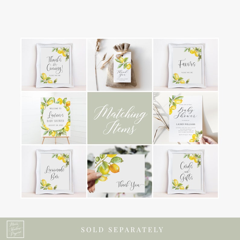 May include: A set of printable baby shower decorations featuring a watercolor lemon theme. The set includes a welcome sign, a thank you sign, a favor sign, a baby shower invitation, a lemonade bar sign, a thank you card, and a cards and gifts sign.