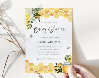 bee baby shower invitation // bee baby shower, bee theme, honeycomb, bees, gender neutral, printable baby shower invitation