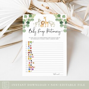 baby emoji pictionary game // jungle baby shower, jungle animals, safari, greenery, gender neutral, printable baby shower game