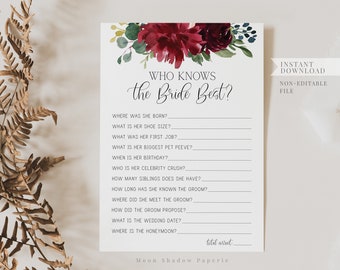 who knows the bride best game / burgundy floral, merlot, marsala, bridal shower, druckbares Brautduschenspiel
