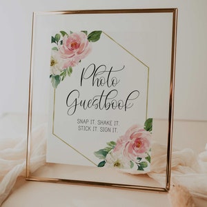 photo guestbook sign // blush pink floral, bridal shower, wedding shower, printable bridal shower sign image 1