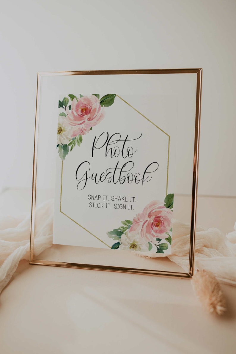 photo guestbook sign // blush pink floral, bridal shower, wedding shower, printable bridal shower sign image 1