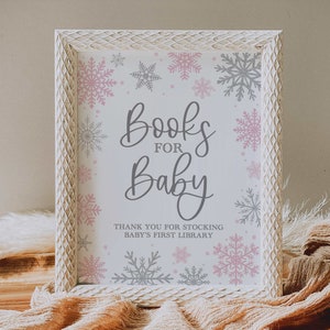 books for baby sign // winter baby shower, snowflake, blush pink silver, snow, baby girl, printable baby shower sign