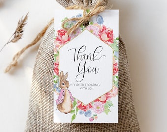 May include: A thank you tag with a watercolor floral border and a cute bunny illustration. The tag says "Thank You" and "For Celebrating With Us!"
