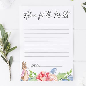 May include: A white card with black text that reads "Advice for the Parents". The card has a lined area for writing and a floral illustration at the bottom with a rabbit wearing a pink scarf.