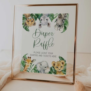 diaper raffle sign // jungle baby shower, jungle animals, safari, greenery, printable baby shower sign