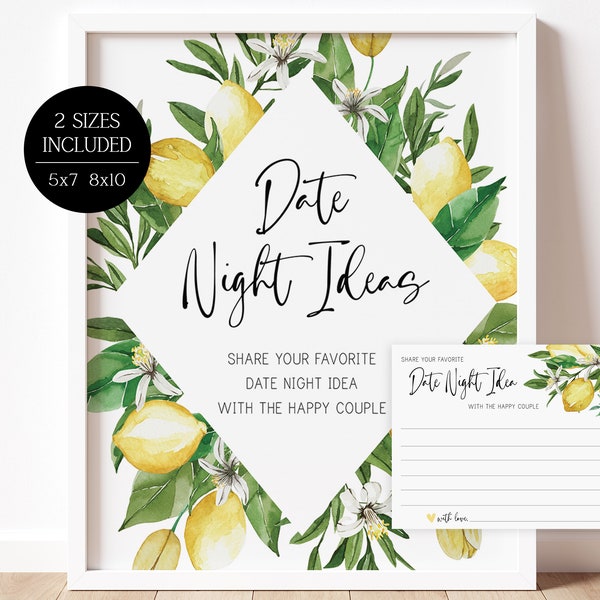 date night ideas sign + card // lemon bridal shower, lemons, citrus, lemon theme, wedding shower, printable bridal shower sign