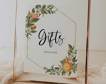 znak prezentów // cytrusowy baby shower, cytrusowy, pomarańczowy, słodki, znak baby shower, neutralny pod względem płci, drukowany znak na wieczór panieński