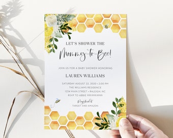 mommy-to-bee baby shower invitation // bee baby shower, bee theme, honeycomb, bees, gender neutral, printable baby shower invitation