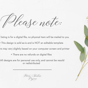 May include: A white background with a text overlay that reads "Please note:" followed by a list of bullet points. The bullet points describe the terms of use for a digital file. The text is in a gray font. A sprig of eucalyptus is in the bottom right corner of the image.