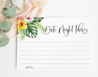 date night ideas card // tropical floral bridal shower, watercolor floral, hibiscus flowers, tropical theme, printable bridal shower game