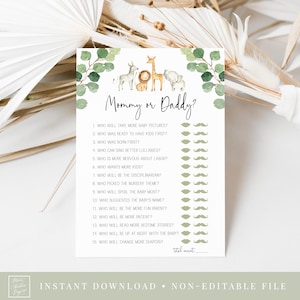May include: A printable baby shower game with a green and white background. The game is called "Mommy or Daddy?" and asks 15 questions about the parents-to-be. The questions are printed in black text and are followed by a line of green and white icons.
