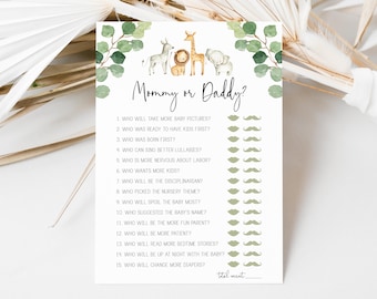 mommy or daddy game // jungle baby shower, jungle animals, safari, greenery, gender neutral, printable baby shower game