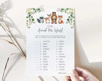 baby around the world game // woodland baby shower, woodland animals, watercolor greenery, baby shower game, printable