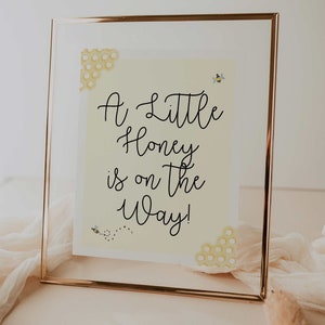 a little honey is on the way sign // bumble bee baby shower theme, watercolor bees, yellow, gender neutral, boy girl, bee baby shower signs