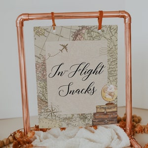 in-flight snacks sign // travel baby shower, luggage, suitcase, map, printable baby shower sign