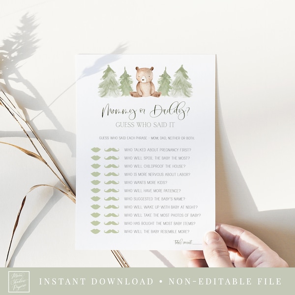 mommy or daddy game // woodland baby shower, bear, boy, woodland trees, printable baby shower game