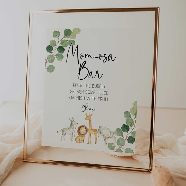 mom-osa bar sign // jungle baby shower, jungle animals, safari, greenery, gender neutral, printable baby shower sign