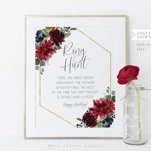 ring hunt game sign //  bridal shower sign, burgundy merlot marsala, watercolor floral, bridal shower signs, printable sign