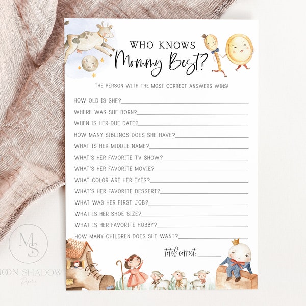 who knows mommy best game // nursery rhyme baby shower, gender neutral, mother goose, printable baby shower game
