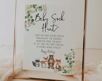 baby sock hunt sign // woodland baby shower, woodland animals, watercolor greenery, printable baby shower sign
