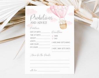 predictions and advice card // hot air balloon baby shower, up up and away, adventure awaits, pink, baby girl, printable baby shower game