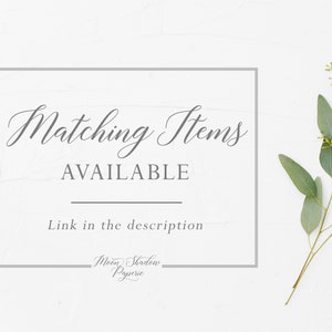 May include: A white background with a gray rectangle containing the text "Matching Items AVAILABLE Link in the description Moon Shadow Paperie". A sprig of eucalyptus with green leaves is on the right side of the image.