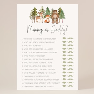 May include: A printable game for a baby shower with the text "Mommy or Daddy?" and 15 questions about the parents-to-be. The questions are illustrated with green lips and moustaches.