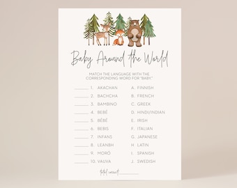 baby around the world game // woodland baby shower, woodland animals, gender neutral, baby boy, trees forest, printable baby shower game