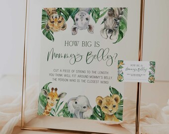 how big is mommy's belly game // jungle baby shower, jungle animals, safari, greenery, printable baby shower sign
