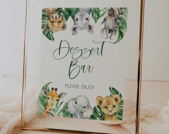 dessert bar sign // jungle baby shower, jungle animals, safari, greenery, printable baby shower sign