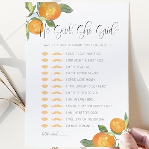 he said she said game // citrus bridal shower, citrus, cutie, clementine, oranges, wedding shower, printable bridal shower game
