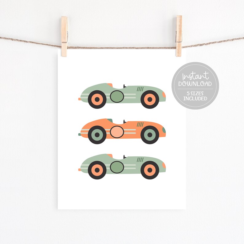 Vintage Race Cars Nursery Wall Print // Printable Kids Wall Etsy