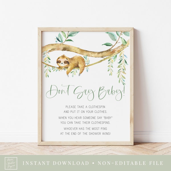 don't say baby game sign // sloth baby shower, sloth theme, baby shower sign, printable signs