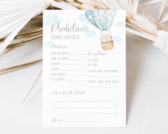 predictions and advice card // hot air balloon baby shower, up up and away, adventure awaits, blue, baby boy, printable baby shower game