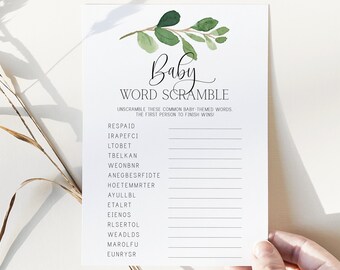 baby word scramble // eucalyptus baby shower, greenery, green floral, boho bohemian, printable baby shower game